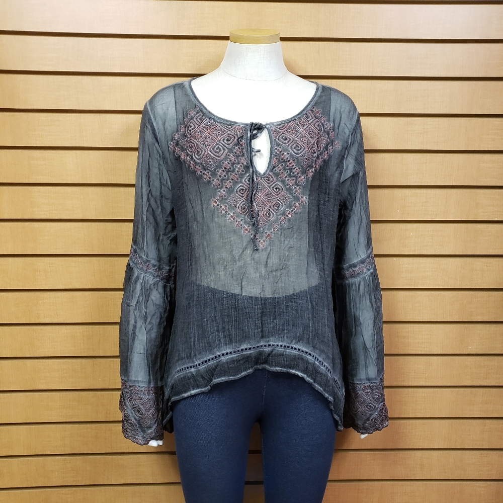 Yauvan Sheer Blouse L Embroidered Long Sleeve Keyhole Neck Boho Romantic